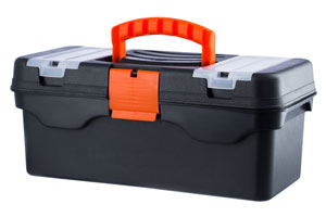 black toolbox with orange handle